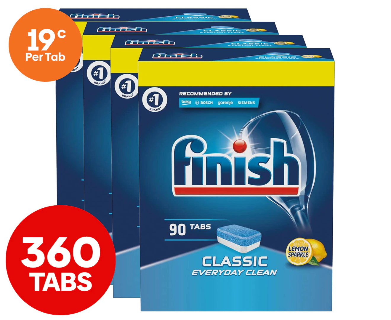 4 x 90pk Finish Classic Everyday Clean Dishwasher Tabs Lemon Sparkle