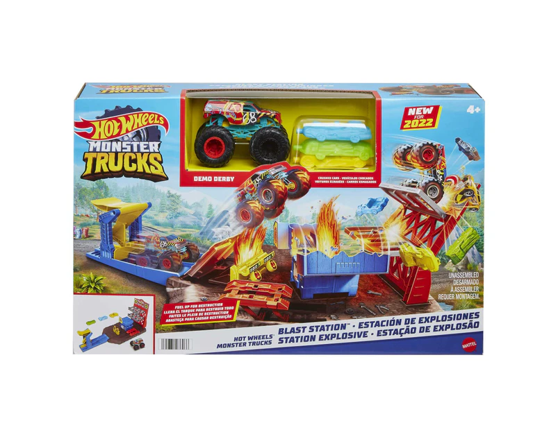 Hot Wheels Monster Trucks Blast Station Playset: Unleash Demolition Mayhem With A Derby Truck & 3 Crushable Cars!