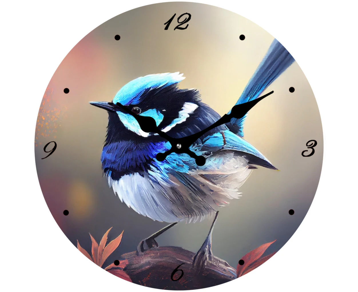 Clock Birds Glass Blue Wren 17cm Wall Clocks Small