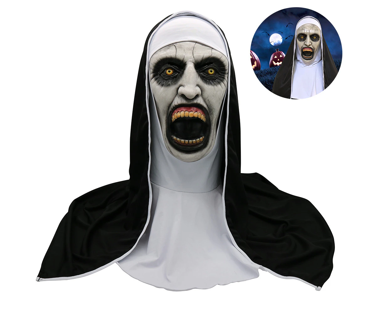 Halloween Nun Horror Mask - Scary Latex Full Face Helmet with Headscarf for Party Props