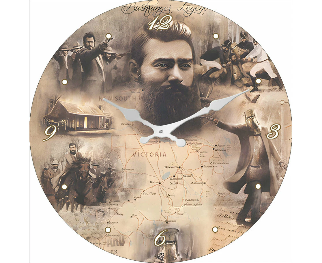 Clock Glass Ned Kelly Victorian Map Wall Clocks 30cm