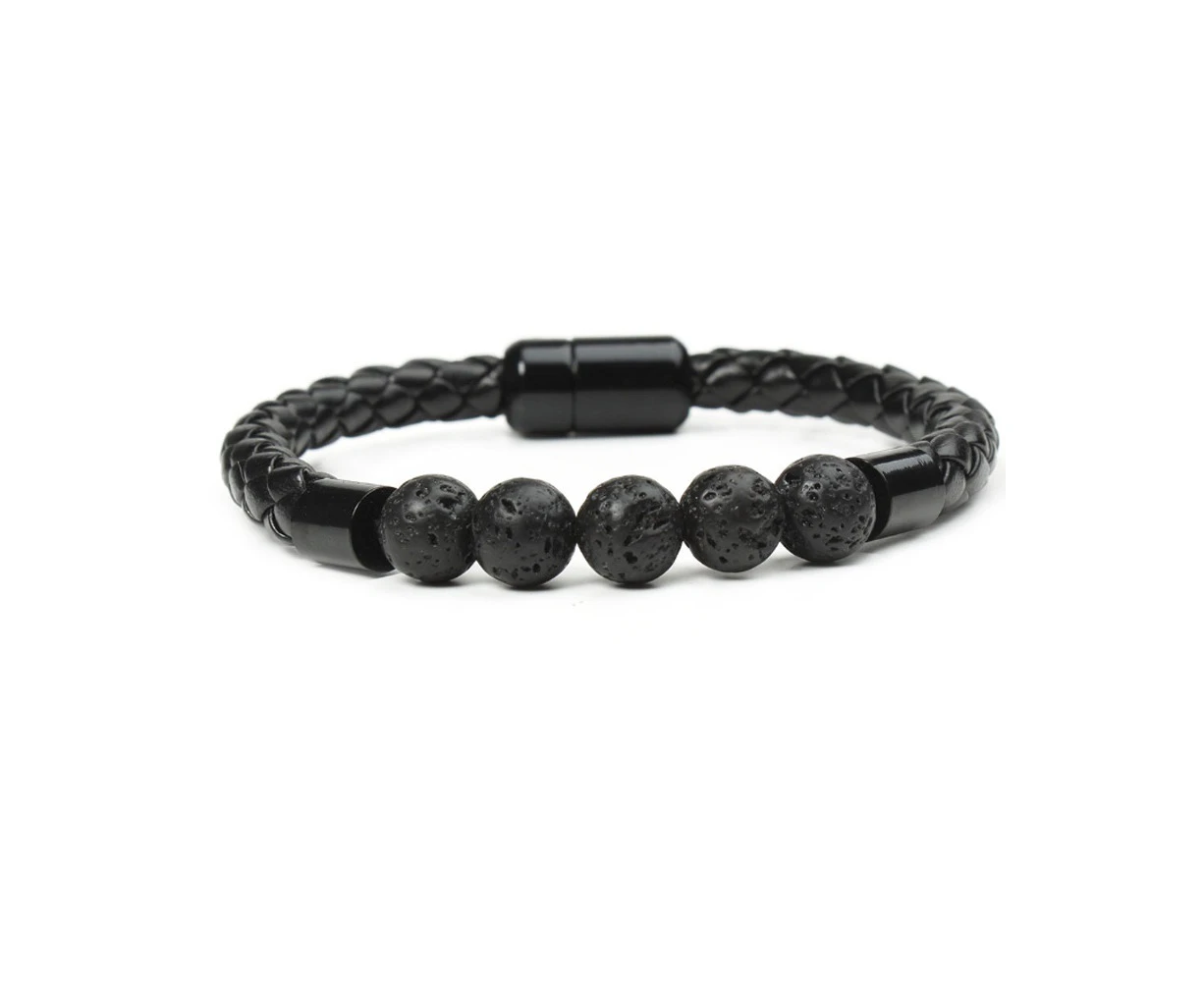 Kings Collection Men Lava Stone Beaded Braided Leather Magnetic Bracelet (Circumference 18.5cm) - Black