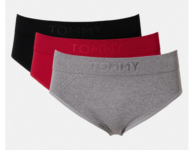 Tommy Hilfiger Women's Seamless Hipster Briefs w/ Debossed Logo 3-Pack - Red/Grey/Black