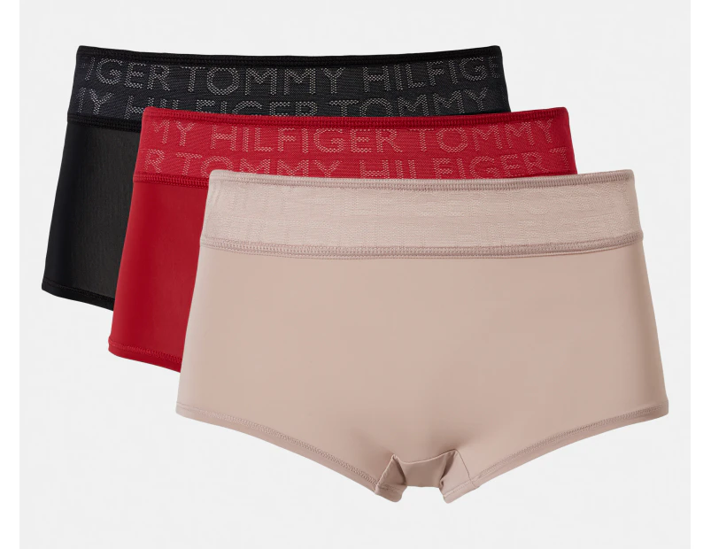 Tommy Hilfiger Women's Microfibre Wide Mesh Waistband Boyshorts 3-Pack - Red/Beige/Black