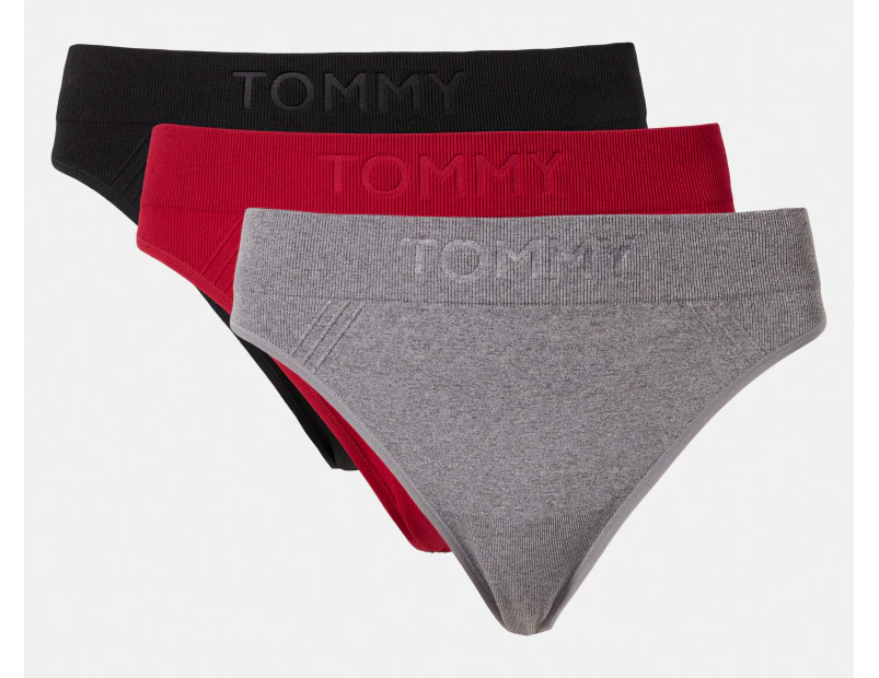 Tommy Hilfiger Women's Seamless Thongs w/ Debossed Logo 3-Pack - Red/Grey/Black