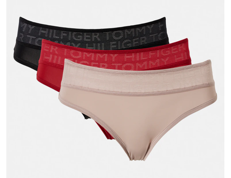 Tommy Hilfiger Women's Microfibre Wide Mesh Waistband Bikini Briefs 3-Pack - Red/Beige/Black