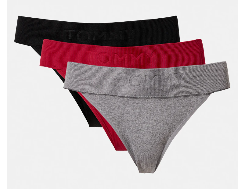 Tommy Hilfiger Women's Seamless String Bikini Briefs w/ Debossed Logo 3-Pack - Red/Grey/Black