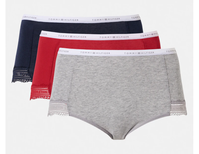 Tommy Hilfiger Women's Cotton Lace Logo Waistband Briefs 3-Pack - Red/Grey/Navy