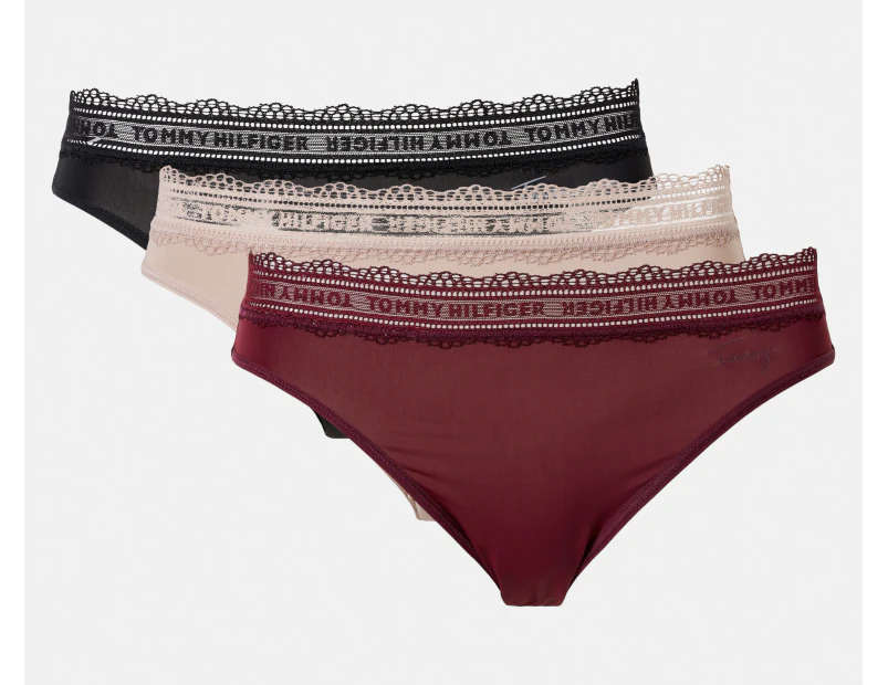 Tommy Hilfiger Women's Microfibre Logo Lace Trim Bikini Briefs 3-Pack - Wine/Beige/Black