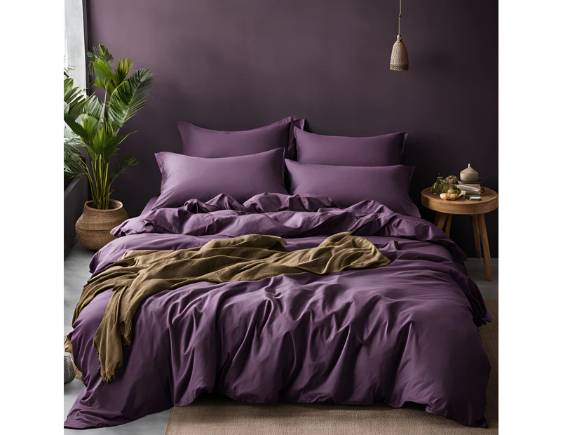 RAGA 100% Cotton Quilt Cover Set (375 Thread Count), Super Soft with Sateen Weave, 3 Pieces Doona Cover Set, Solid Plain Dark Purple Color