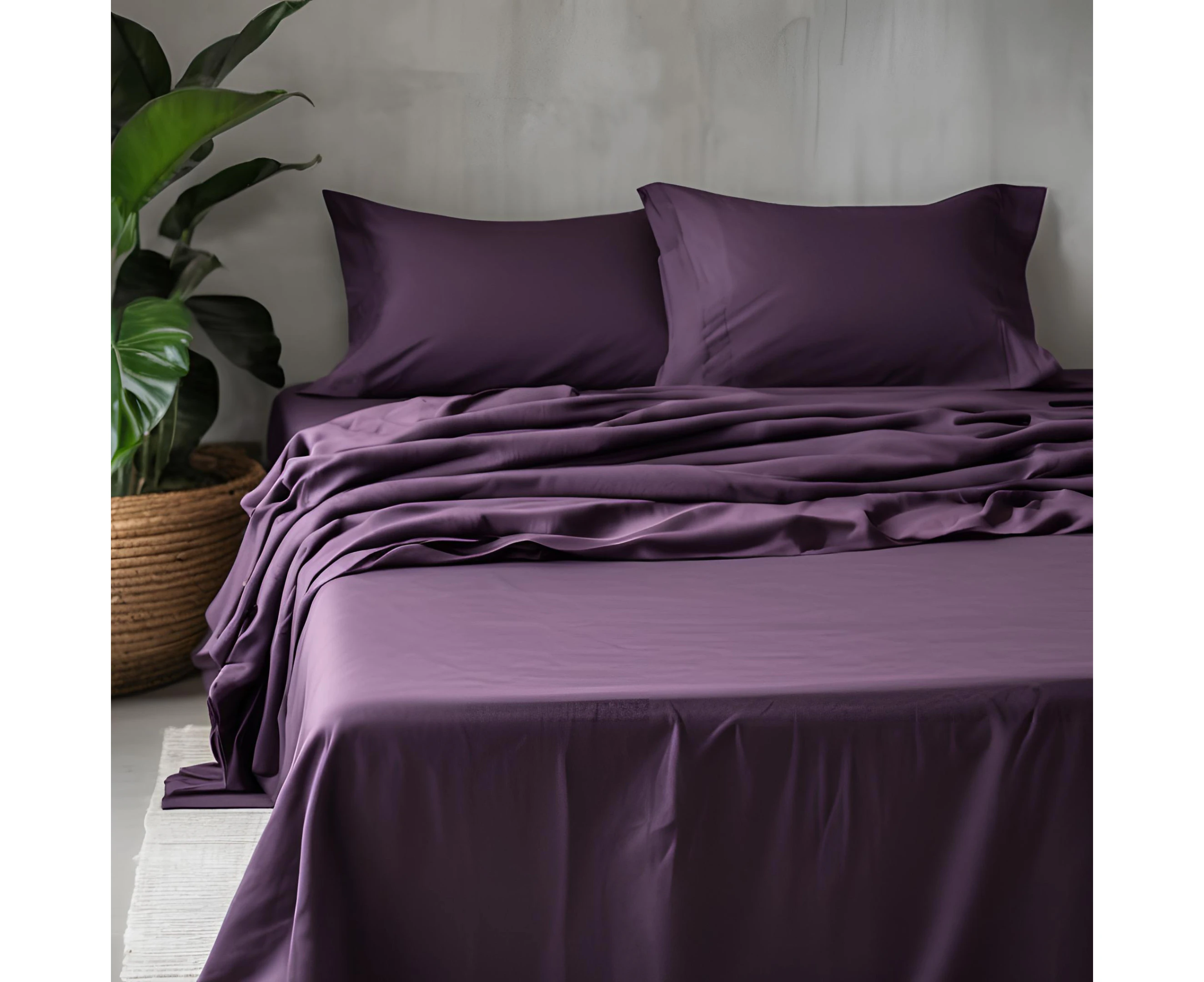 RAGA 100% Cotton Bed Sheet Set, 375 Thick Thread Count and Sateen Weave, Durable and Super Soft, 4 Pieces Sheet Set, Solid Plain Color - Dark Purple