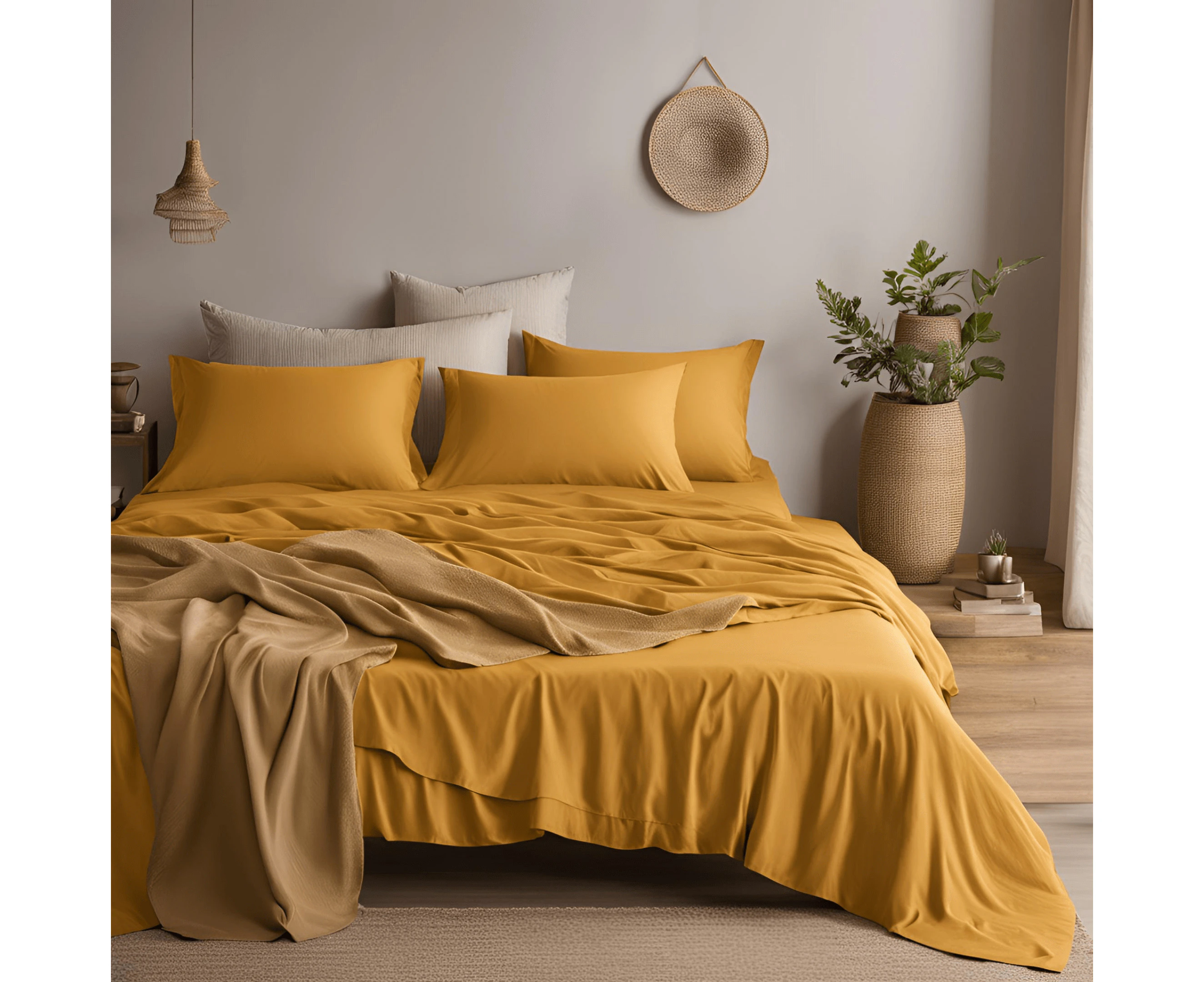 RAGA 100% Cotton Bed Sheet Set, 375 Thick Thread Count and Sateen Weave, Durable and Super Soft, 4 Pieces Sheet Set, Solid Plain Color - Golden Mustard