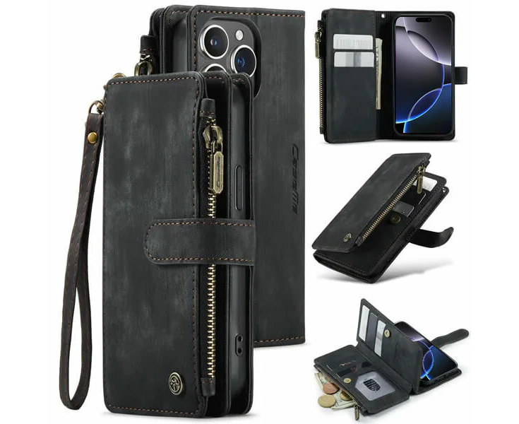 CaseMe C30 For Apple iPhone 16 Pro Vintage Leather Folio Zipper Wallet Case with Magnetic Closure and 7 Card Slots (Black)