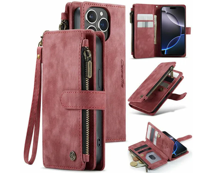 CaseMe C30 For Apple iPhone 16 Pro Max Vintage Leather Folio Zipper Wallet Case with Magnetic Closure and 7 Card Slots (Red)