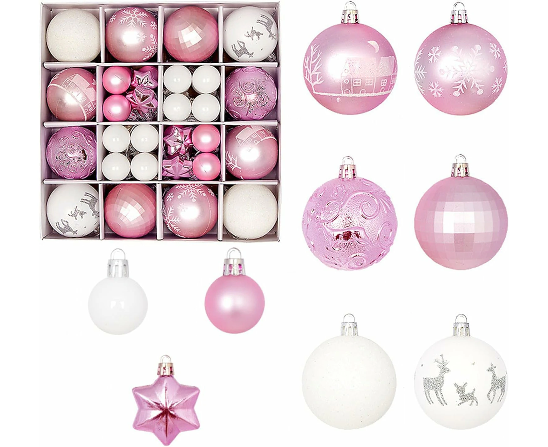 42pcs Christmas ball ornaments small balls shatterproof plastic Christmas ball ornaments hanging decorations for wedding party decorations pink and white