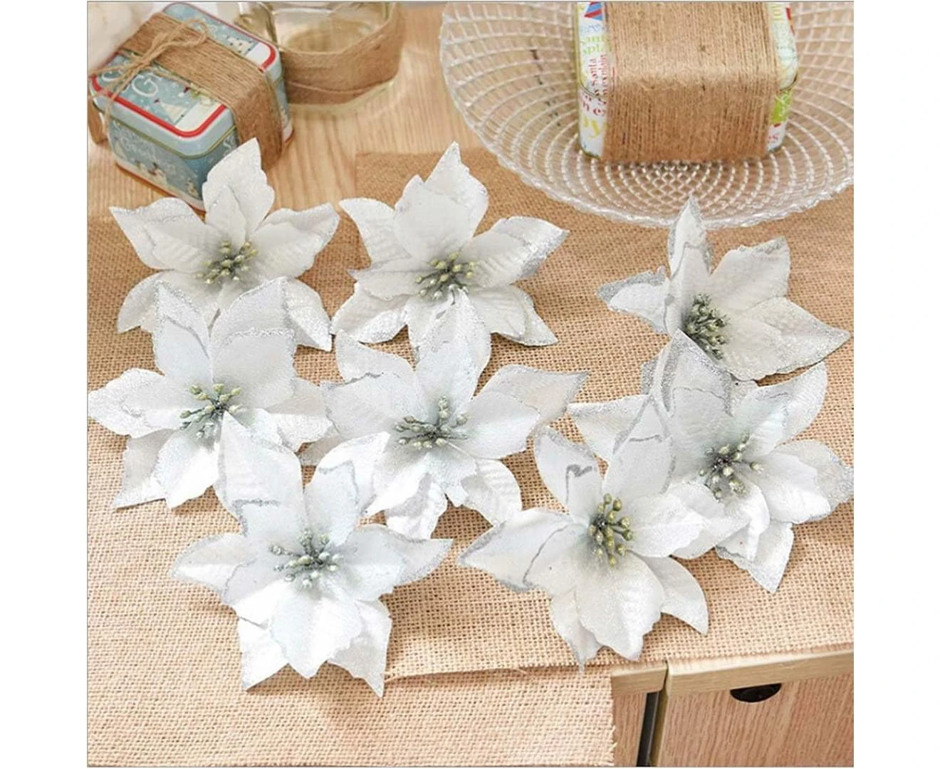 8 Pcs Glitter Artificial Flowers Tree Wreaths Ornament (Silver)