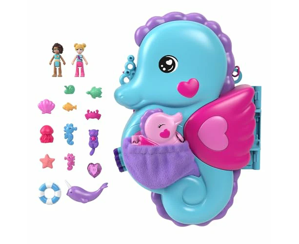 Polly Pocket Dolls & Playset with Pets & 13 Accessories, 2-in-1 Daddy & Me Seahorse Wearable Purse & Animal Toy, Starring Shani