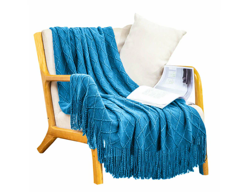 SOGA Blue Diamond Pattern Knitted Throw Blanket Warm Cozy Woven Cover Couch Bed Sofa Home Decor with Tassels