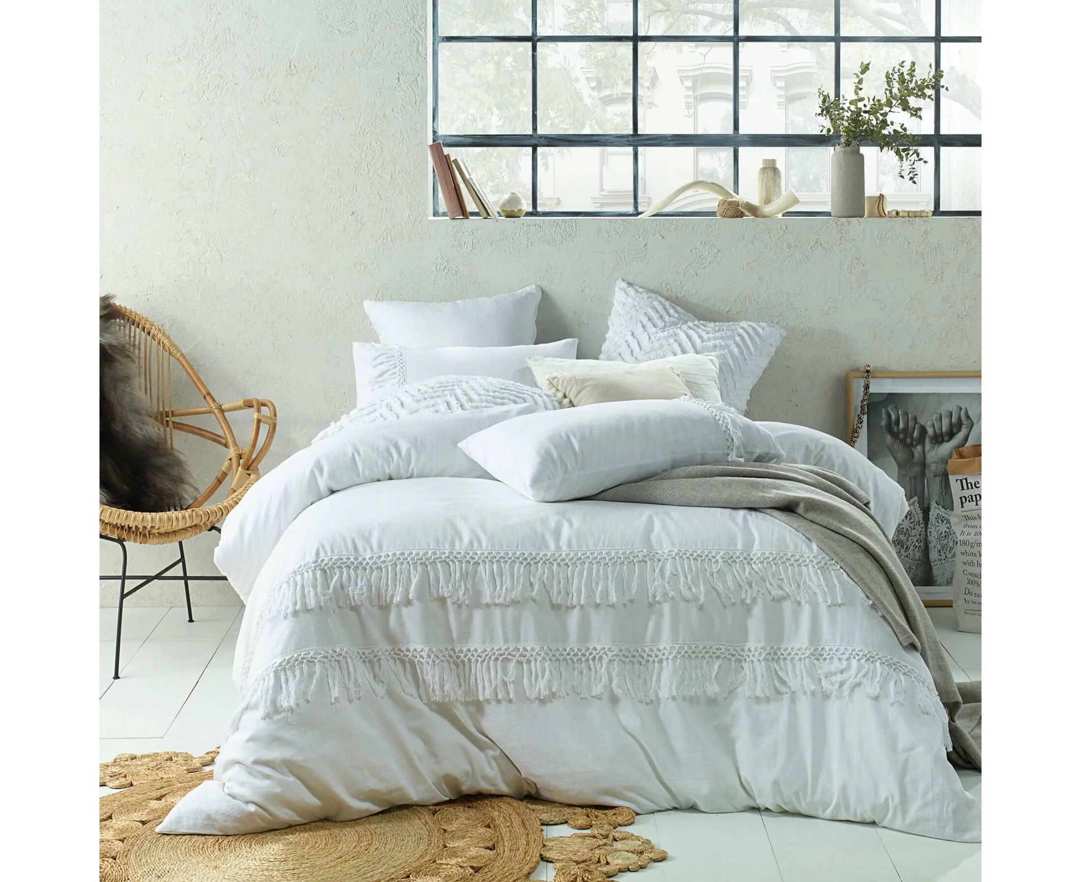 Accessorize - White Boho Tassel Linen Cotton Quilt Cover Set