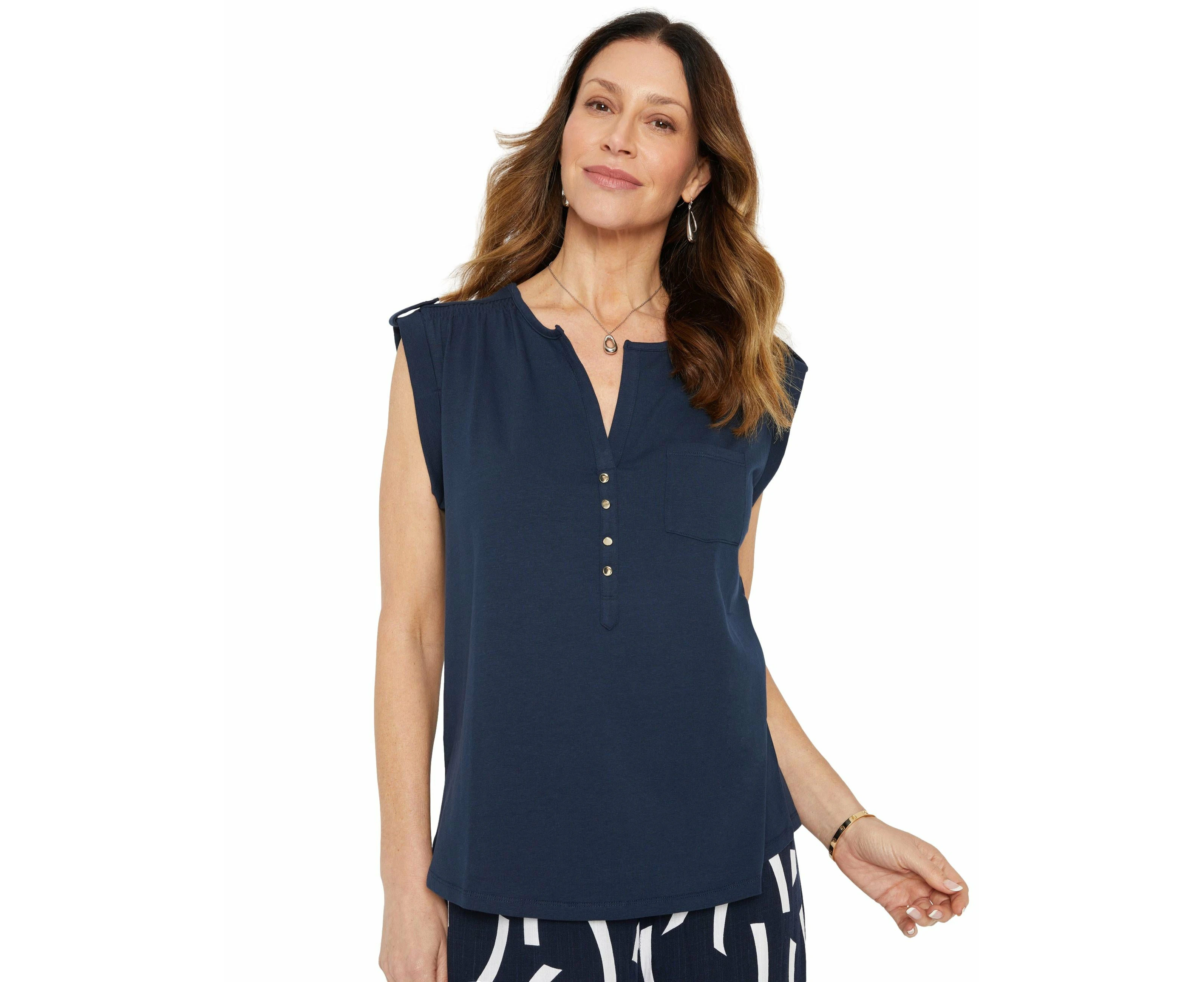 Millers - Womens - Summer - Tops - Blue - Cotton - Basic - Navy - Stretch - Elastane - Gathered Shoulder Detail - Casual Work Wear - Office Clothes