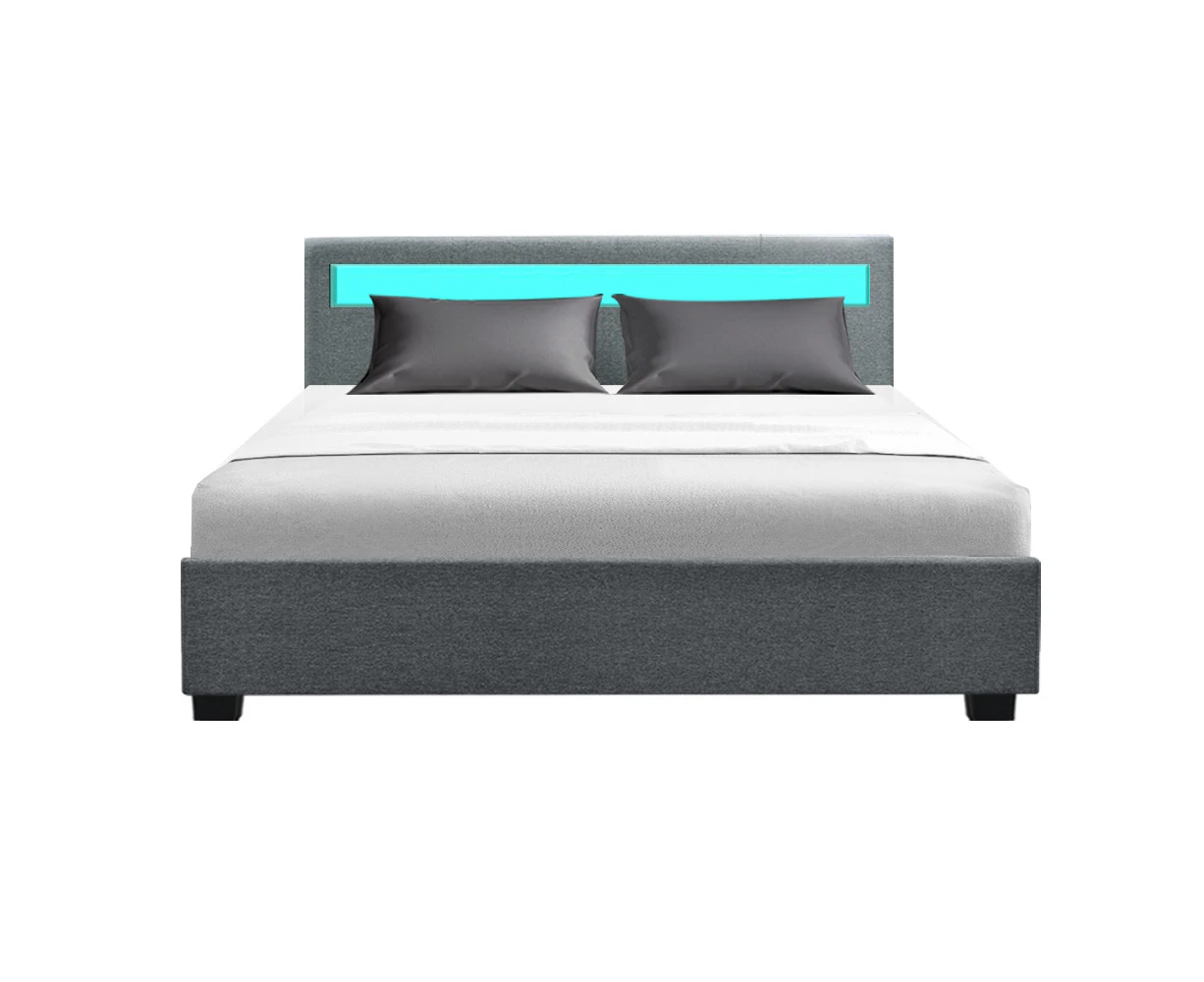 Bed Frame Queen Size LED Gas Lift Grey