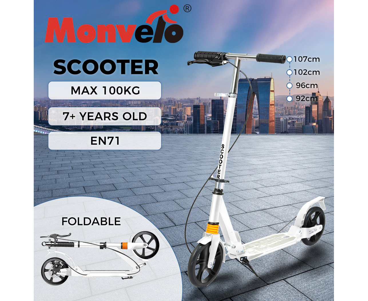 MONVELO Adult Commuter Foldable Scooter Push Kick 2 Big Wheel Disc Brake White