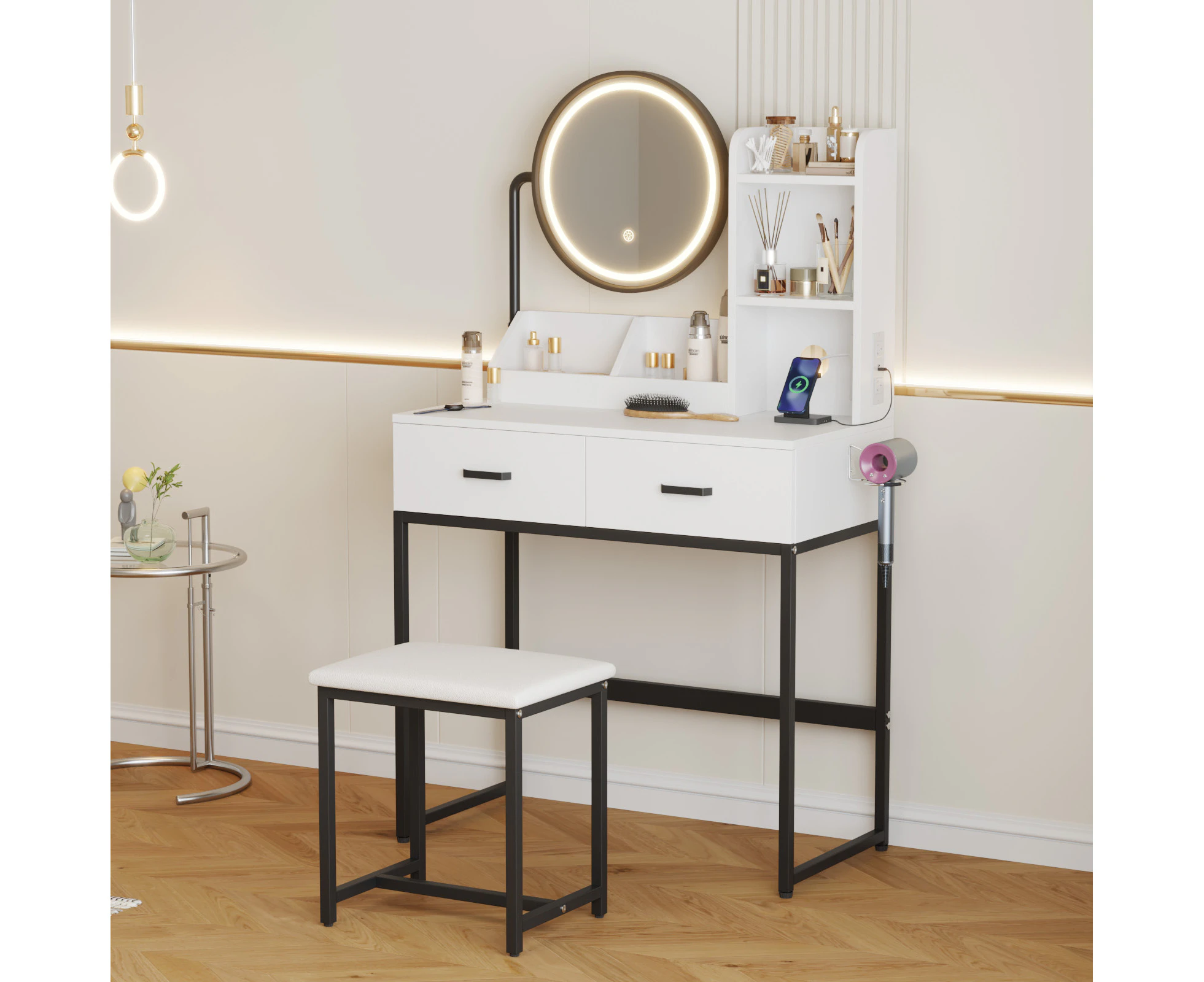 Advwin Dressing Table Set with charging station and LED Light Adjustable Mirror Angle Drawers& Trays Black