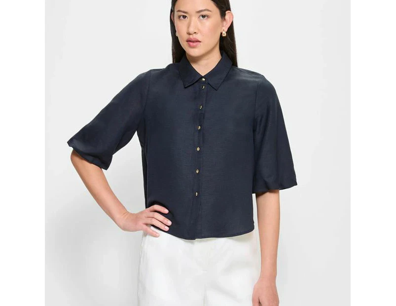 Linen Blend Balloon Sleeve Blouse - Preview