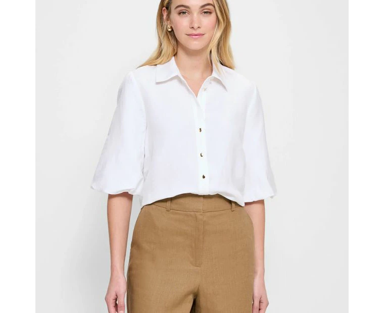 Linen Blend Balloon Sleeve Blouse - Preview