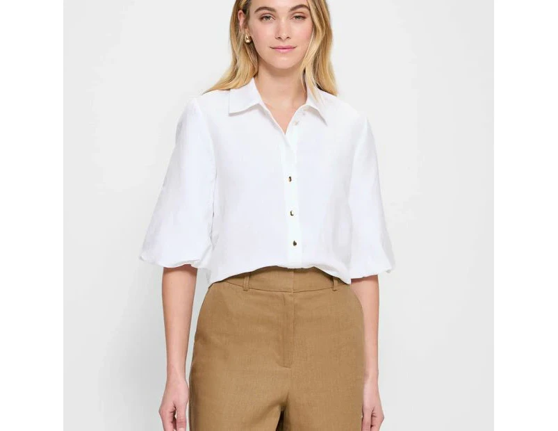 Linen Blend Balloon Sleeve Blouse - Preview