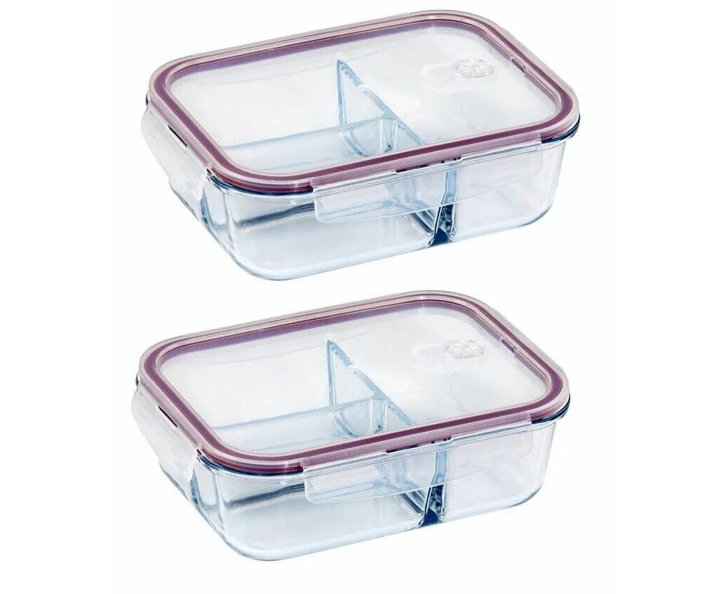 2PK Eterna Glass Storage Airtight Food Container Rectangular 3 Divider 1500ml