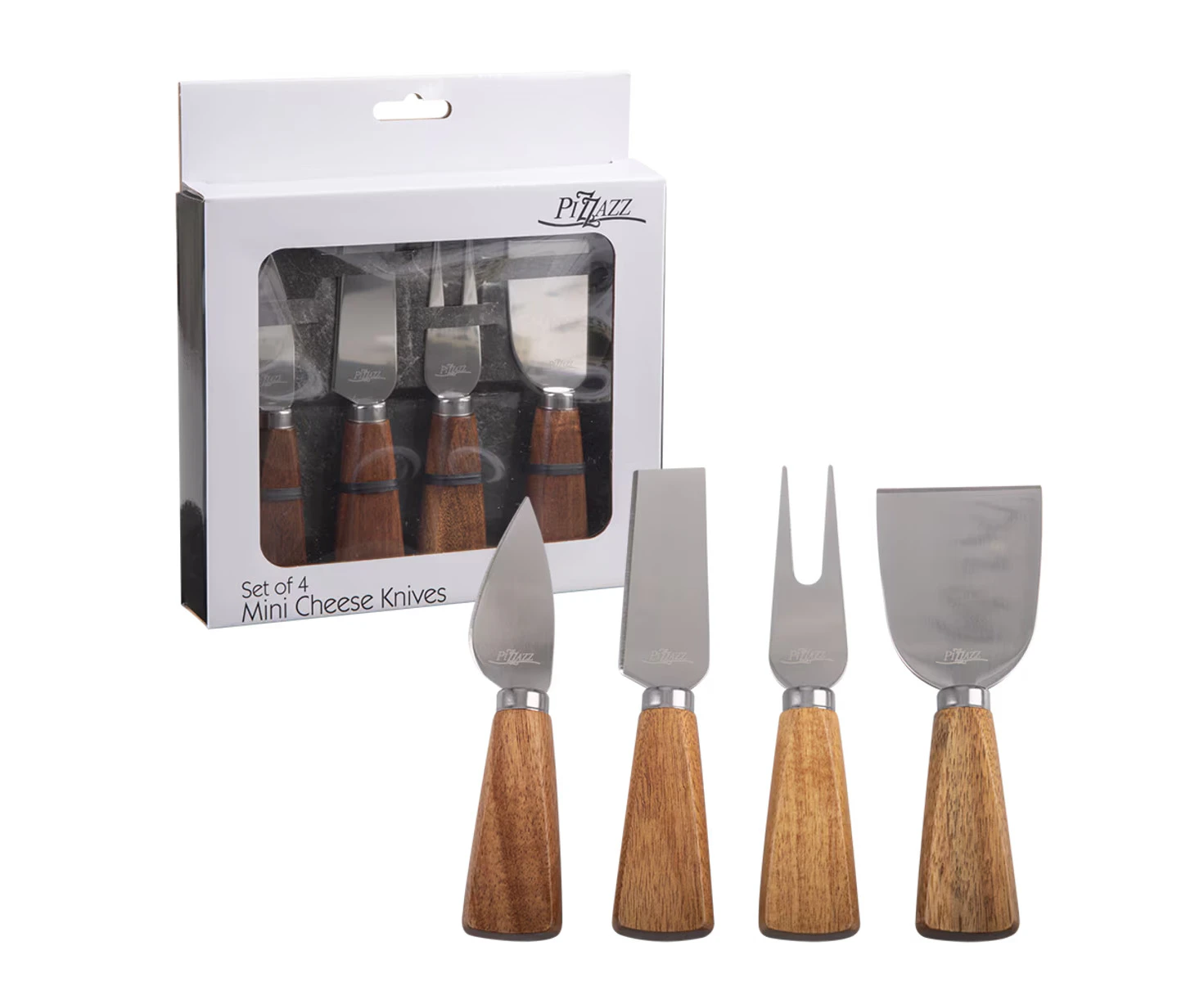 Set 4pcs Mini Chesse Knives PIZZAZZ w/ Acacia Wood Handle Picnic Events Kitchen