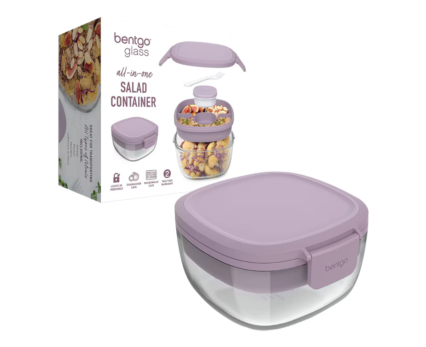 Bentgo All-In-One Glass Salad Container To Go Dressing Lunch Box Set Lavender