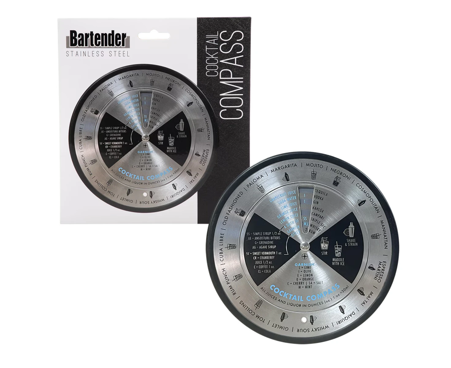 1PK Bartender Stainless Steel Cocktail Compass Round Bartender Guide Silver