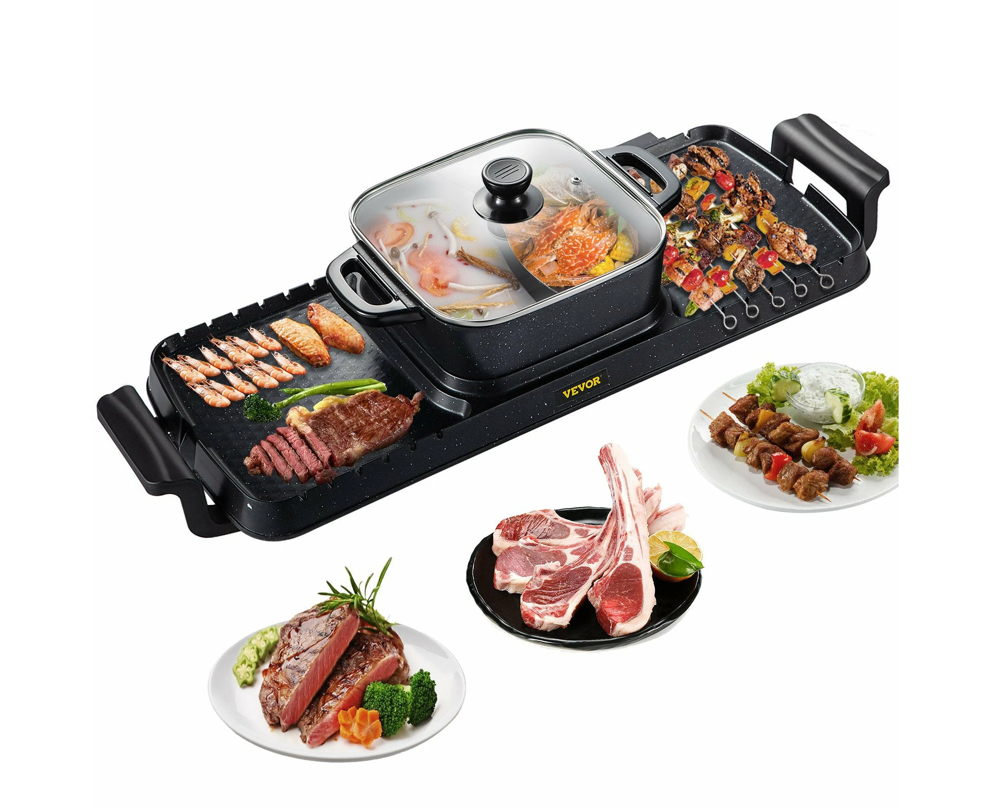 VEVOR Electric BBQ Grill Hot Pot Oven Pan 3in1 Barbecue Grill 2400W Plate Home