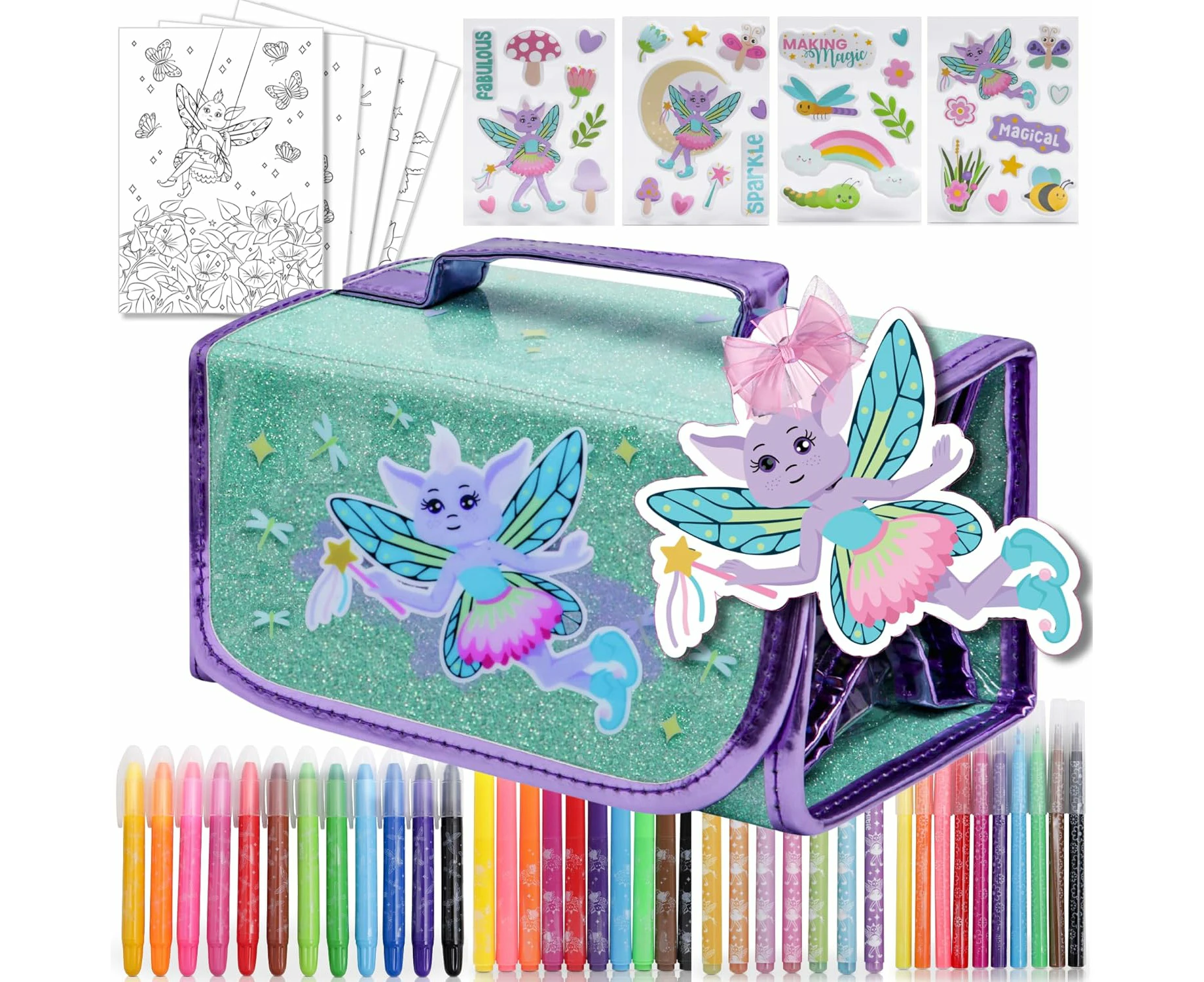 Scented Markers For Kids - Art Kits for Kids - Fairy Gifts For Girls - Coloring Kit Includes Smelly Markers, Stamp Markers, Sparkly Fairy Pencil Case