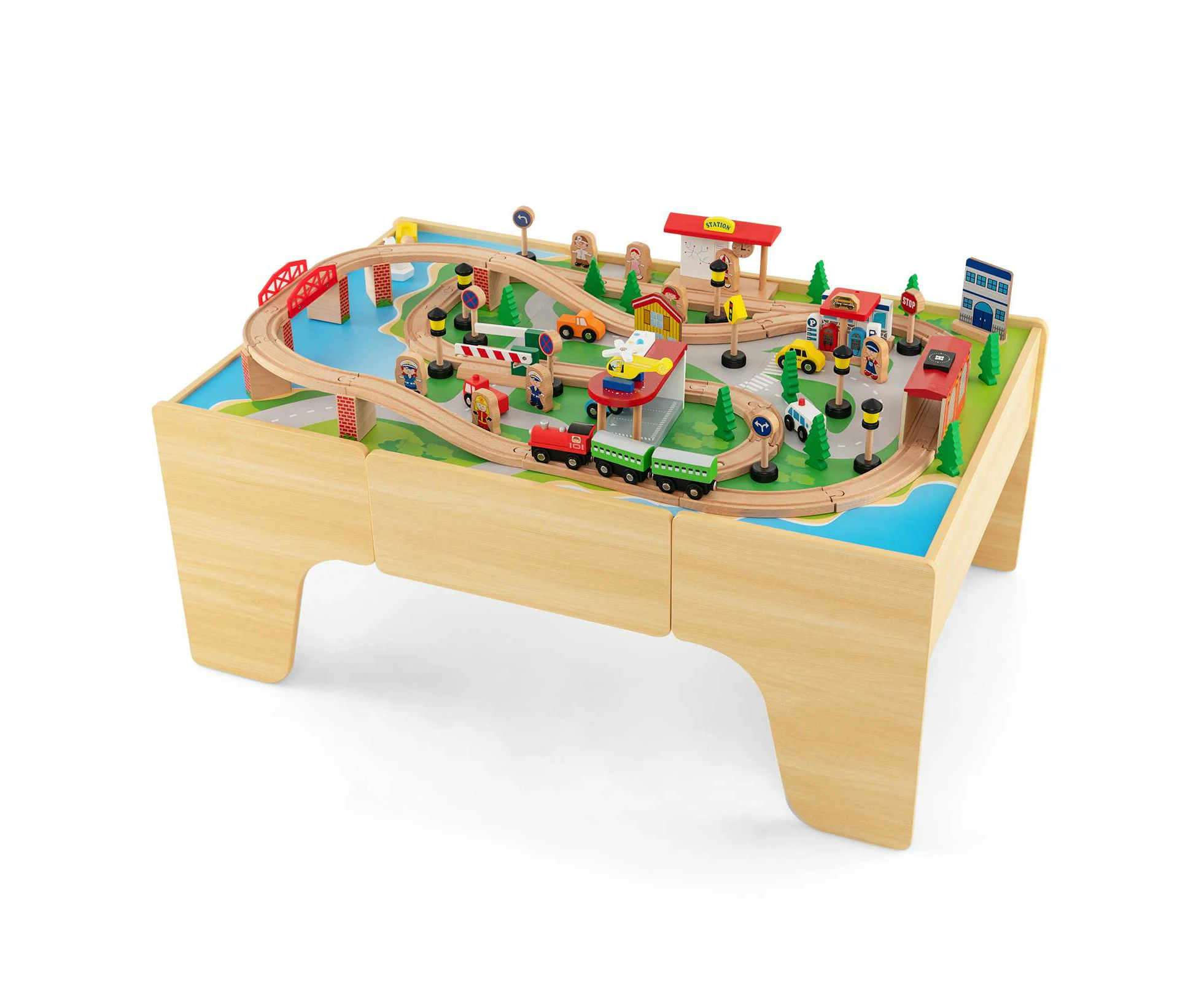 Wooden Train Model Table 84PCS Kids Activity Table w/Storage Drawer Train Track Toy Pretend Playset Natural