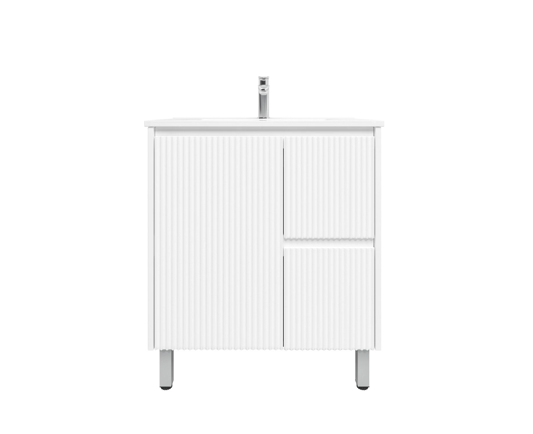 750mm Brio Matte White Freestanding With Sturdy Metal Legs Ribbed Design Right Hand Drawers Bathroom Vanity