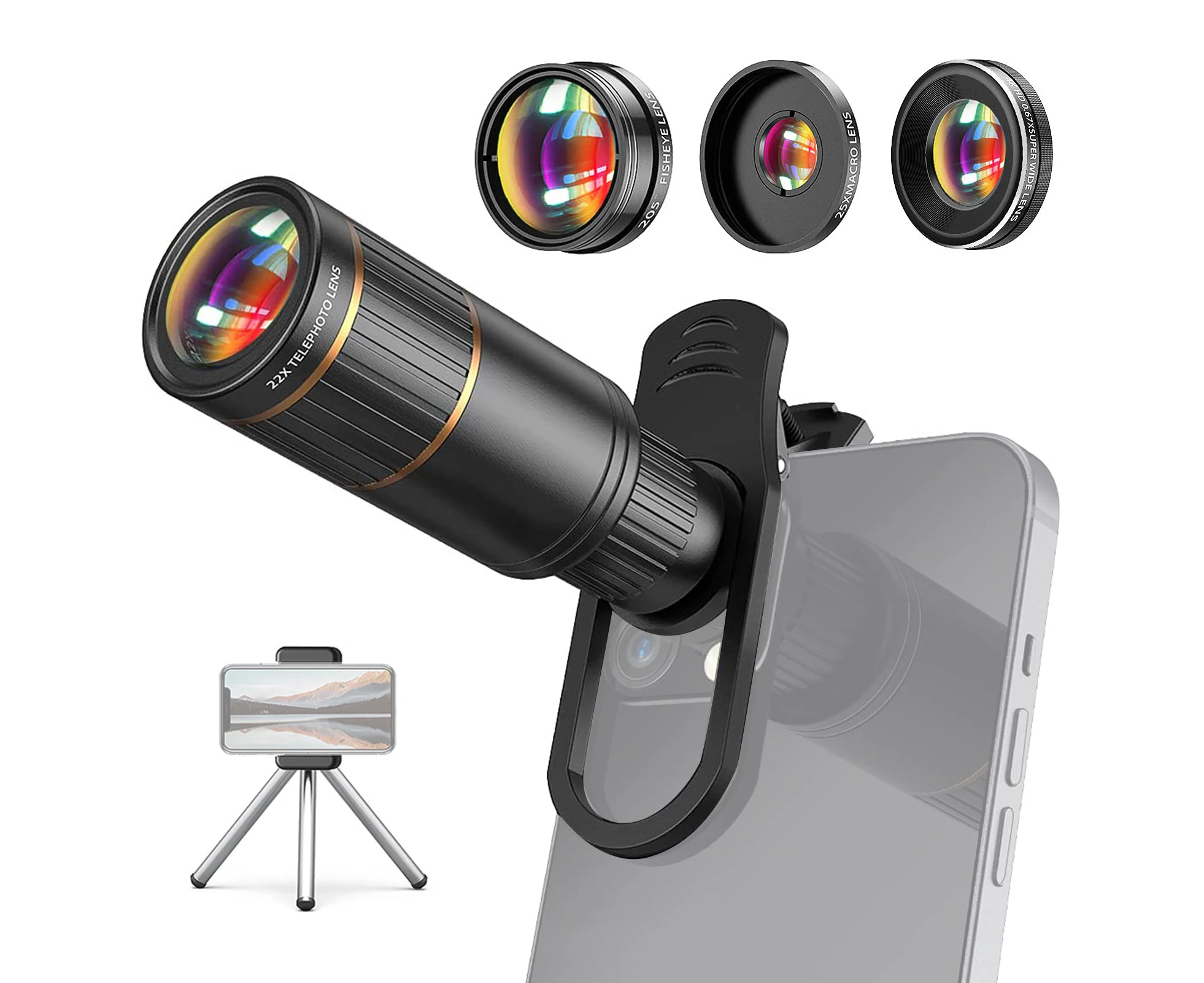 LOYOUTH 4-in-1 Phone Lens Kit External Phone Camera Lens Set with 22X Telephoto Lens & 205° Fisheye Lens & 4K 0.67X Wide Angle Lens & 25X Macro Lens