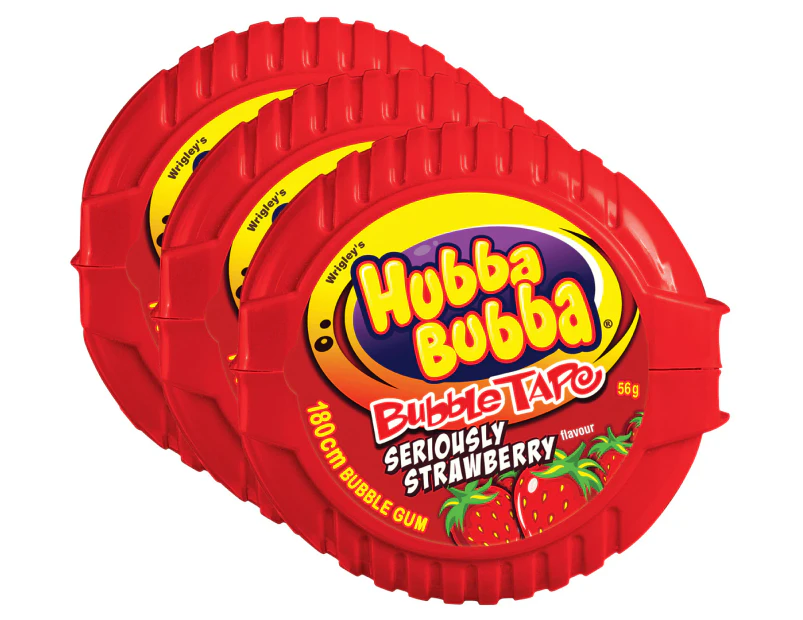 3 x Wrigley's Hubba Bubba Bubble Gum Tape Seriously Strawberry 56g