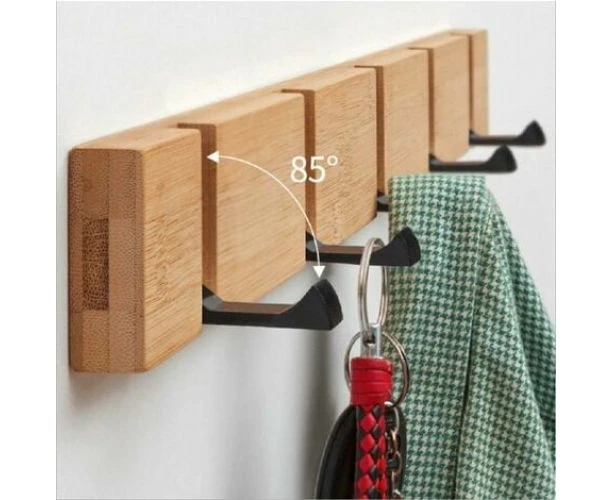 Natural Wood Foldable Coat Hooks Wall Mounted 5 Hooks Wall Shelf Self Adhesive Mail Rack Key Hanger Wooden Organizer Bathroom Bedroom Office Kitchen