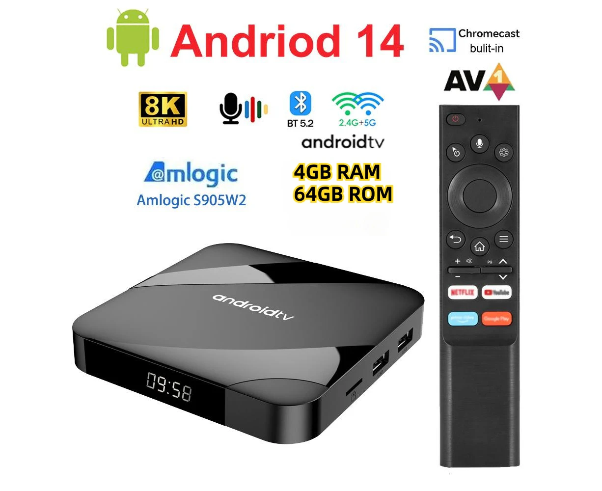 TV98 S905W2 8K Android TV Box Media Player with Remote Control 4GB 64GB