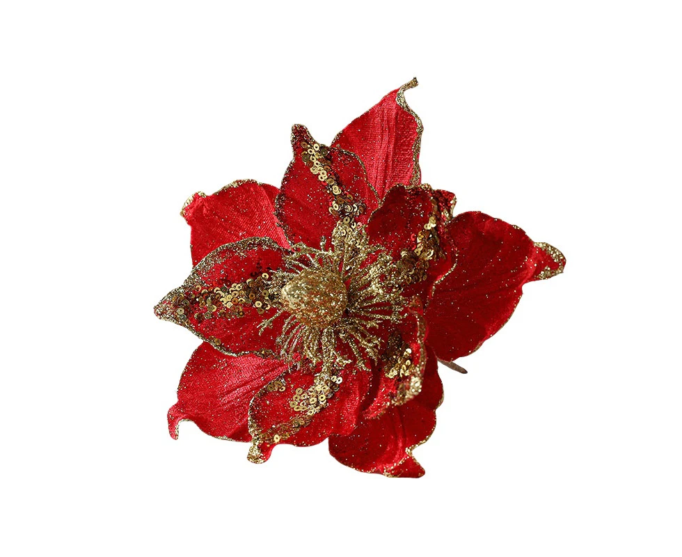 4PCS Christmas Simulation Flowers Glitter Artificial Flower Xmas Tree Oranments Merry Christmas Décor-red