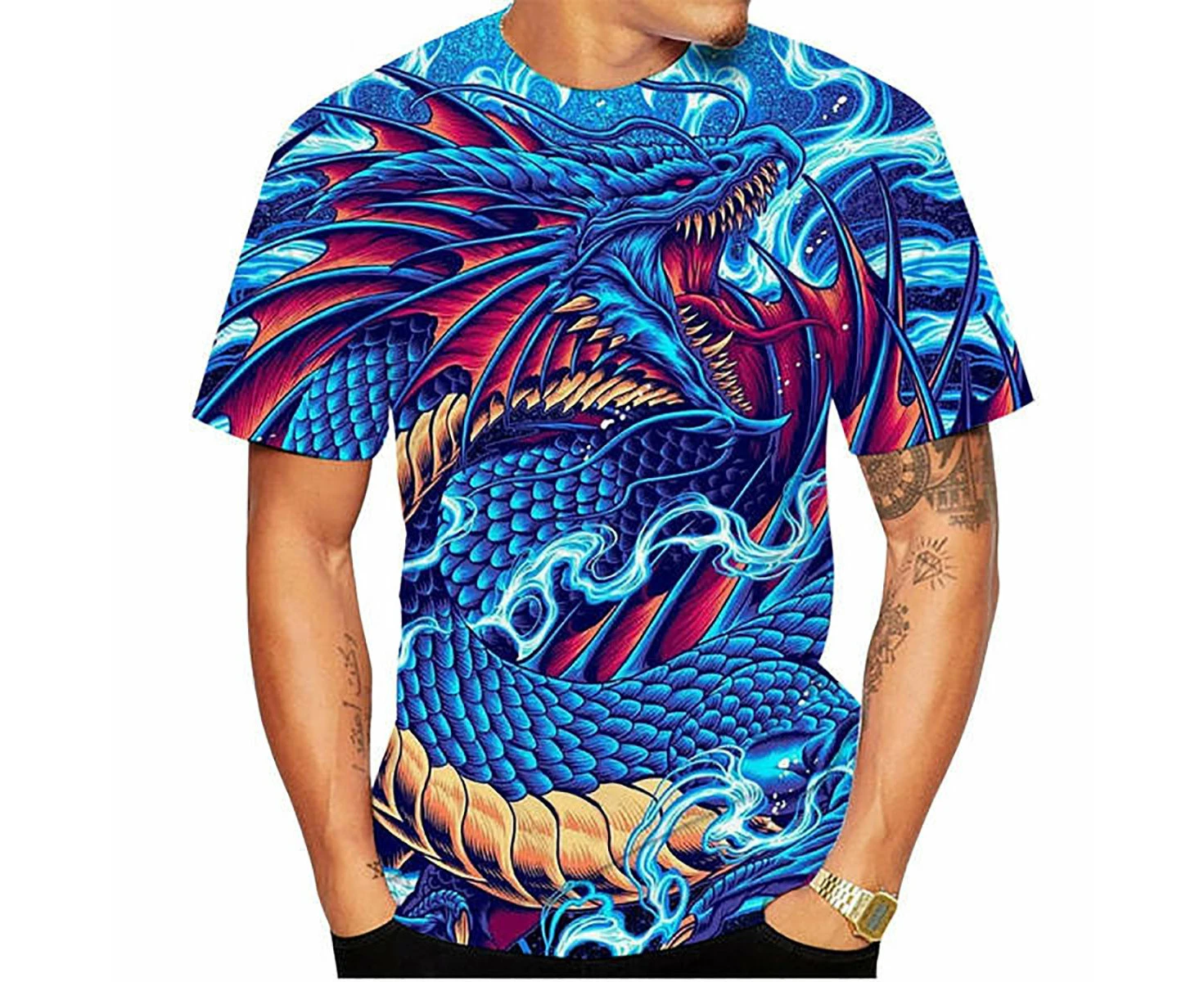 Chinese Dragon Print Blue and Gold Shirt