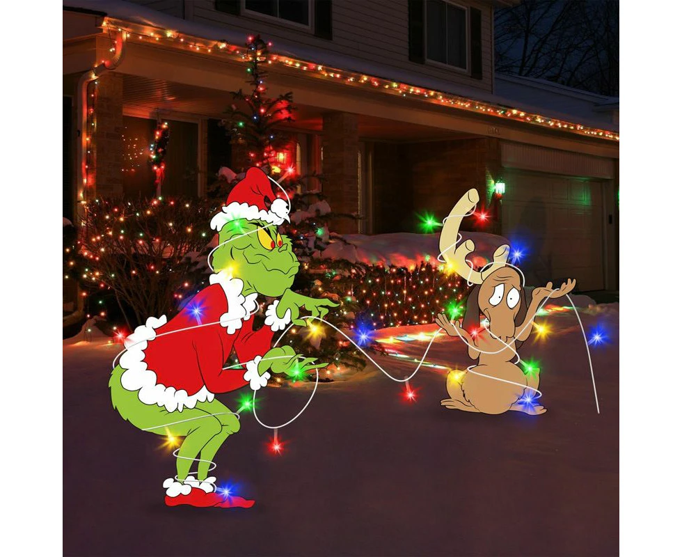 LED Grinches Outdoor Christmas Decorations Fence Yard Decorations 3M LED Lights BATTERY POWER Yard Signs  for Christmas Holiday Garden