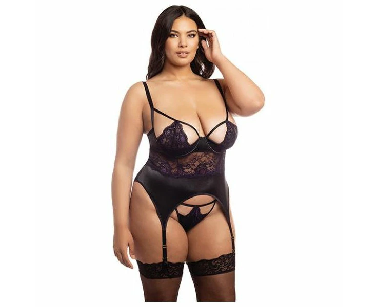 Sensual Elegance Demi Padded Shelf Cup Merrywidow With Overlay Lace & Panty Se Dmw01x Women's Intimate Seduction Lingerie Set Black/heliotrope Size 1x