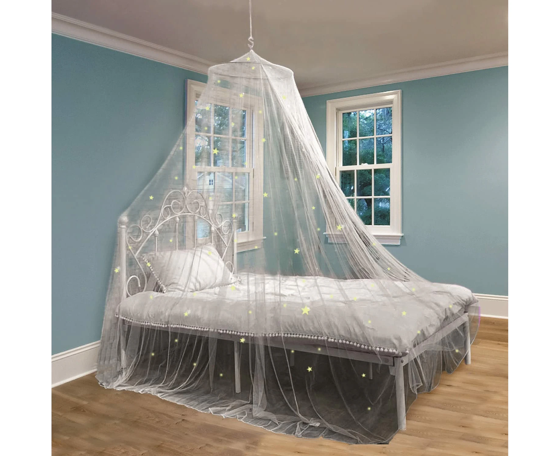 Canopy of bed canopy with stars - princess room decoration, ceiling net, 60 x 250 x 900 cm (white - stars)