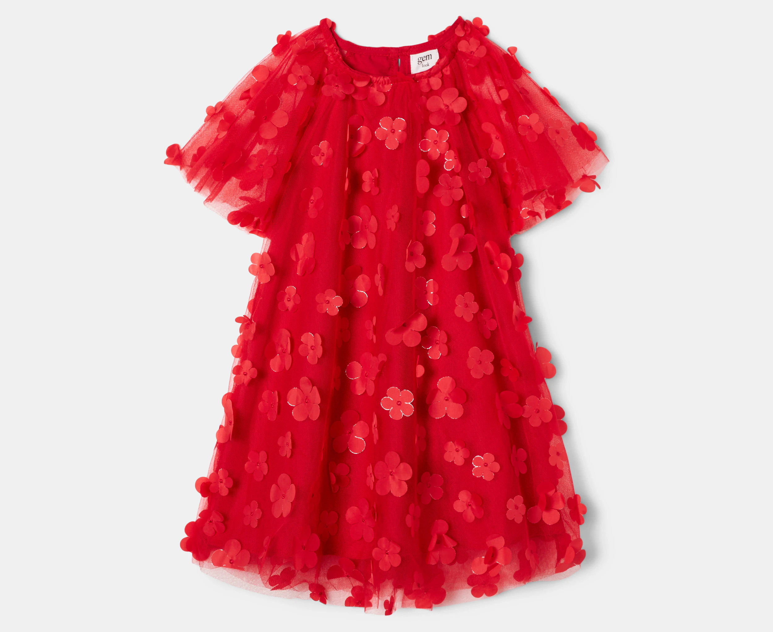 Gem Look Girls' 3D Flower Dress - Red