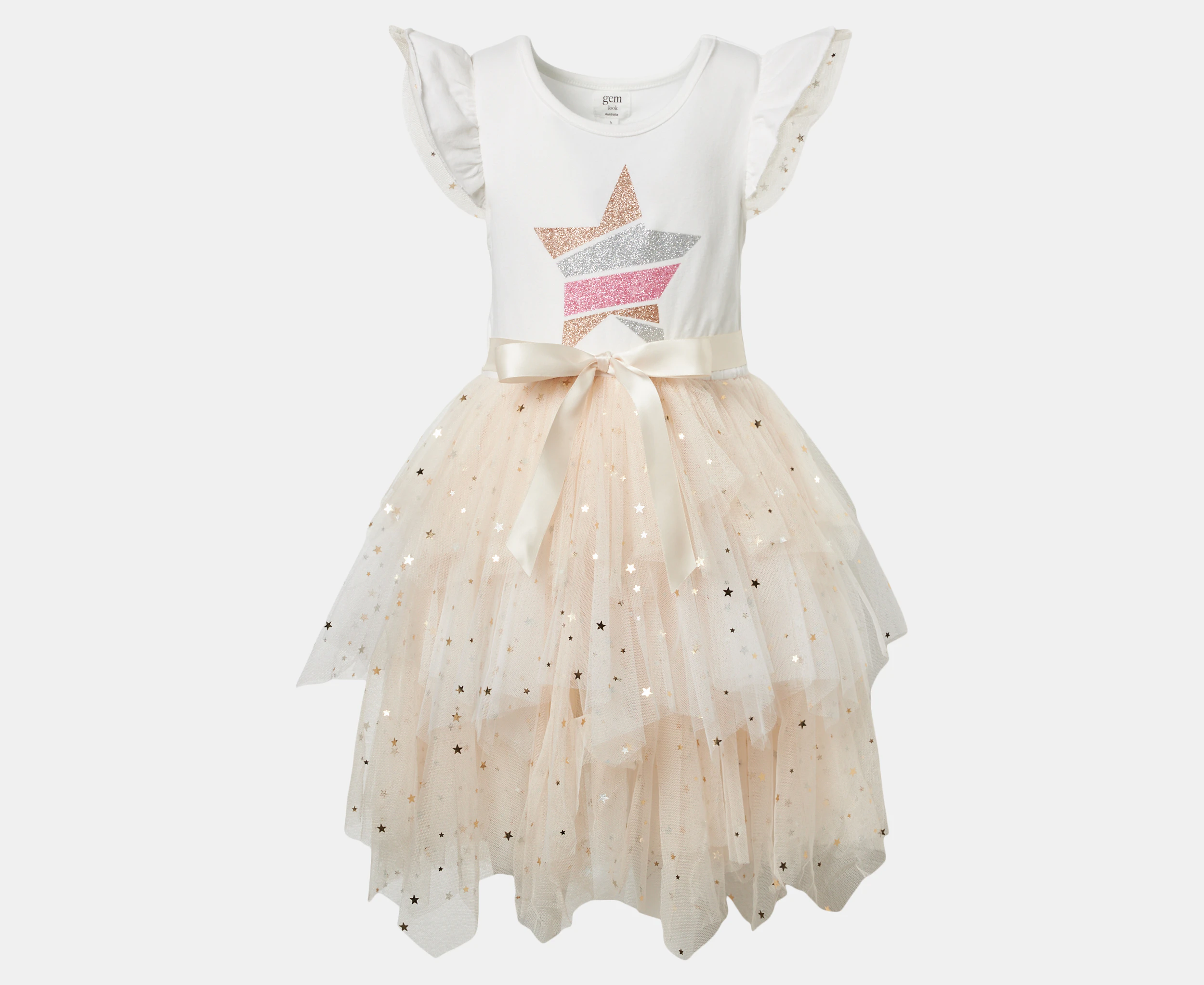 Gem Look Girls' Glitter Star Layered Tutu Dress - Gold/White