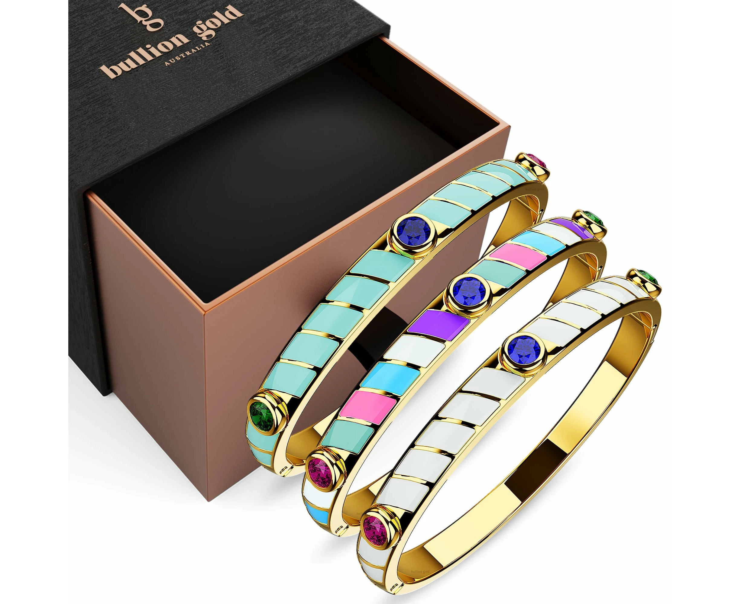 Boxed Luminous Enamel Gold 3 Bangles Set